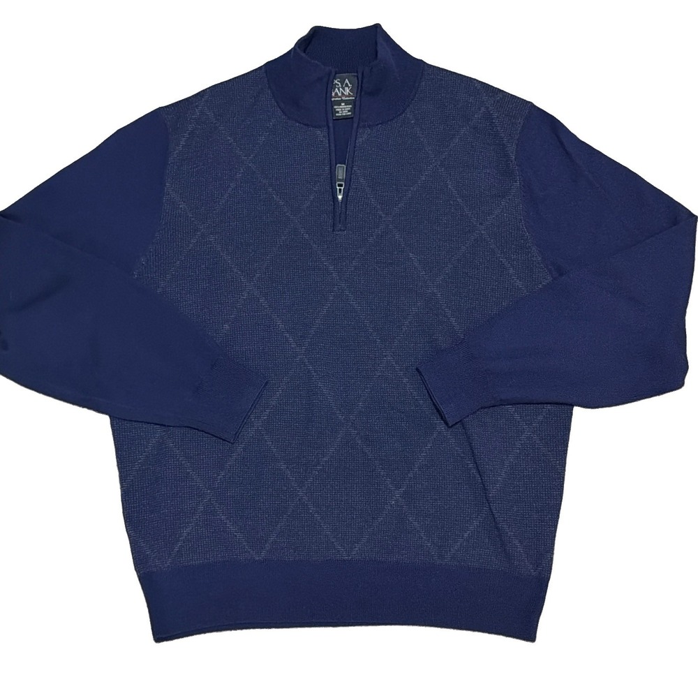 Jos A Bank Signature Collection 100% Merino Wool Quarter Zip Sweater Mens M Navy